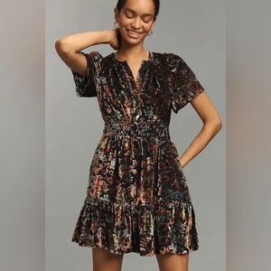 Anthropologie Somerset Dress XS Multicolor Floral Velvet V Neck Mini Smocked